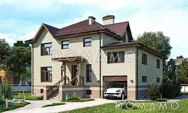 Проект двухэтажного дома с гаражом, оборудованным подвалом и крытой террасой Проект двухэтажного дома с гаражом, оборудованным подвалом и крытой террасой