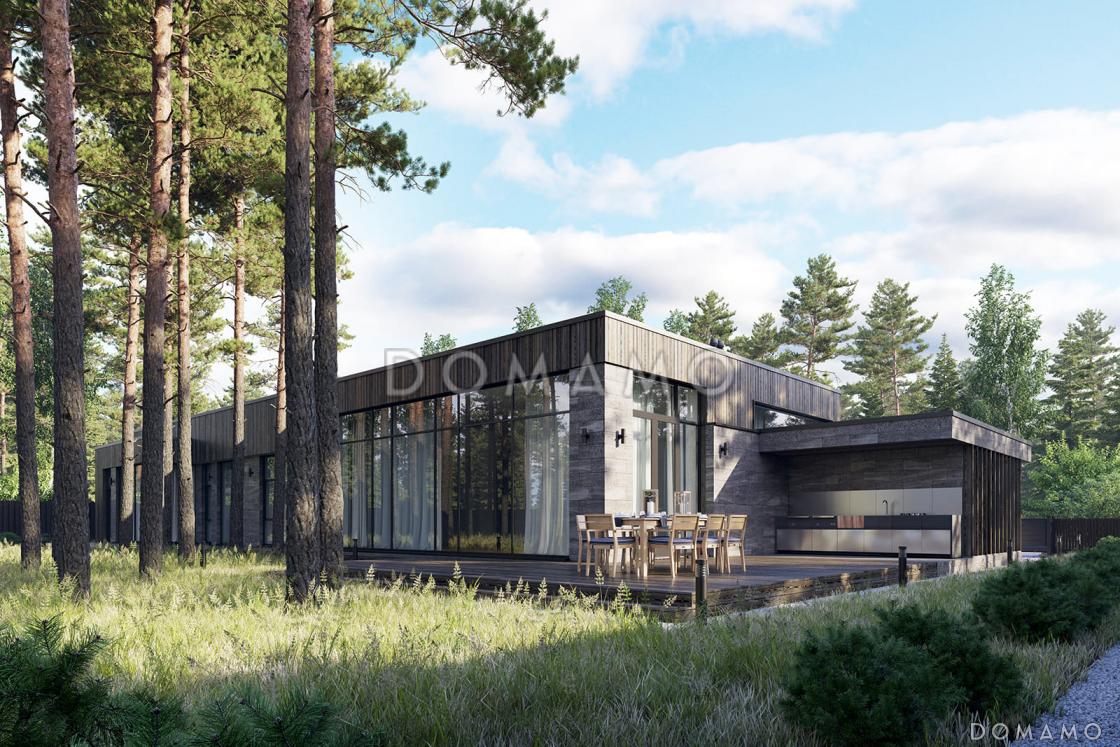 Проект кирпичного дома с навесом для автомобиля, летней кухней на террасе, тремя спальнями и местами для хранения / 1