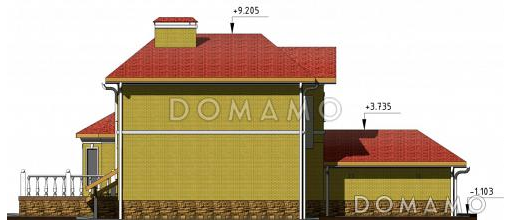 Проект двухэтажного коттеджа с цоколем, с гаражом на два автомобиля / Фасад 2