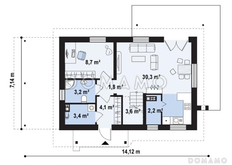 Проект одноэтажного мансардного дома из газобетона с балконом и навесом для автомобиля, с увеличенной гостиной / План 1 этажа