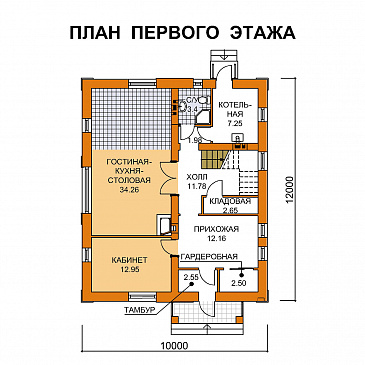 Проект компактного коттеджа с пятью спальнями / План 1 этажа Проект компактного коттеджа с пятью спальнями / План 1 этажа