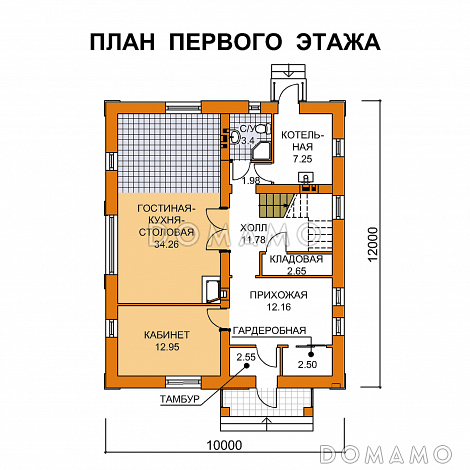 Проект компактного коттеджа с пятью спальнями / План 1 этажа Проект компактного коттеджа с пятью спальнями / План 1 этажа