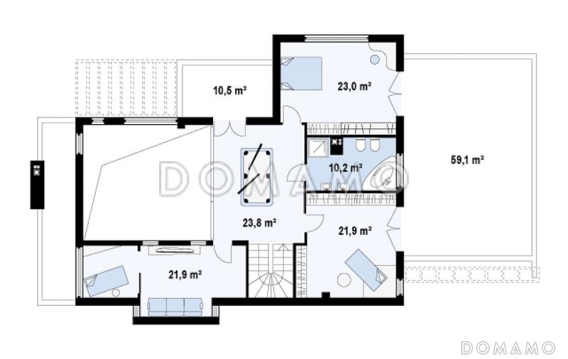 Проект современного просторного двухэтажного дома из кирпича в стиле кубизм с гаражом и террасой над ним / План 2 этажа