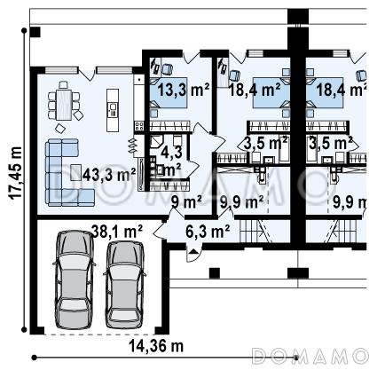 Проект современных мансардных домов-близнецов из газобетона с большим гаражом и открытой террасой на втором этаже / План 1 этажа