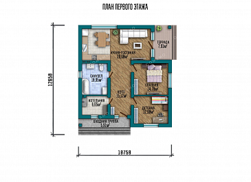Проект одноэтажного дома с тремя спальнями и террасой / План 1 этажа Проект одноэтажного дома с тремя спальнями и террасой / План 1 этажа