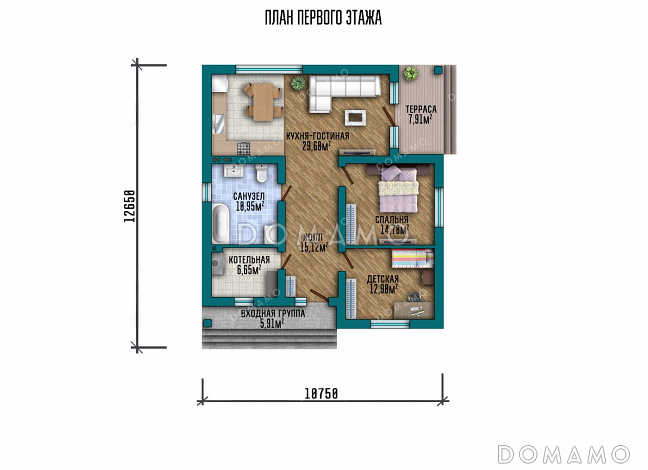 Проект одноэтажного дома с тремя спальнями и террасой / План 1 этажа Проект одноэтажного дома с тремя спальнями и террасой / План 1 этажа