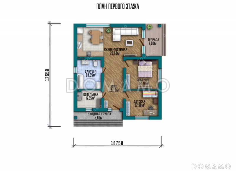 Проект одноэтажного дома с тремя спальнями и террасой / План 1 этажа