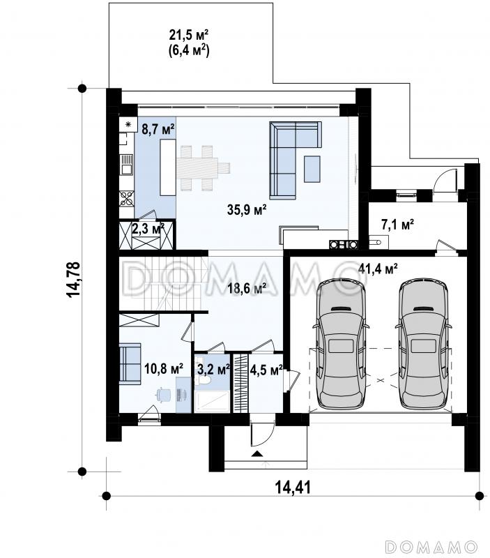Проект загородного дома с панорамным остеклением, кабинетом, просторной гостиной, гаражом на 2 машины, кладовой на кухне / План 1 этажа