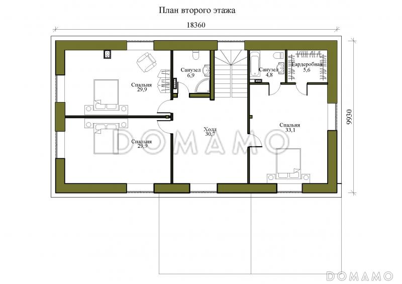 Проект двухэтажного дома с гаражем, тремя спальнями и просторной крытой террасой / План 2 этажа