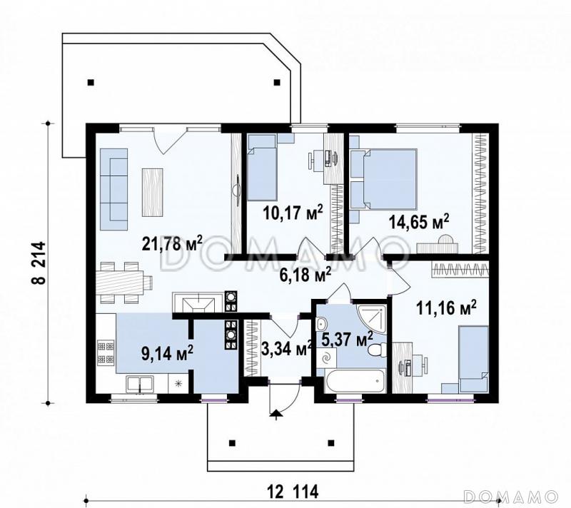 Проект компактного одноэтажного дома адаптированного для каркасного строительства с тремя спальнями и небольшой крытой террасой / План 1 этажа