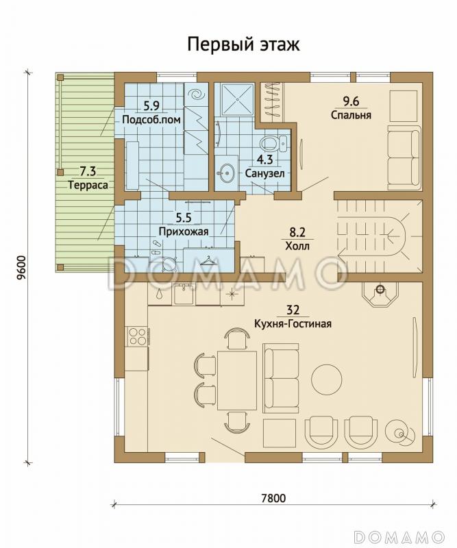 Проект каркасного дома с санузлом на втором этаже / План 1 этажа