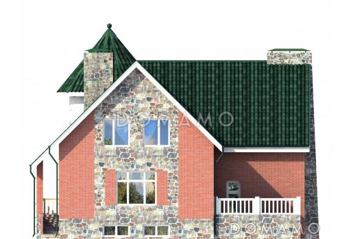 Дом с башней и зеленой крышей, с цокольным этажом, гаражом на одну машину / Фасад 2