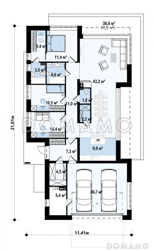 Проект современного одноэтажного дома с плоской кровлей и гаражом на две машины / План 1 этажа