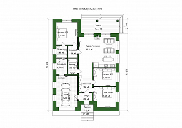 Проект дома с мастер-спальней, крытой террасой и встроенным гаражом / План 1 этажа Проект дома с мастер-спальней, крытой террасой и встроенным гаражом / План 1 этажа