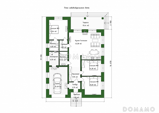 Проект дома с мастер-спальней, крытой террасой и встроенным гаражом / План 1 этажа Проект дома с мастер-спальней, крытой террасой и встроенным гаражом / План 1 этажа