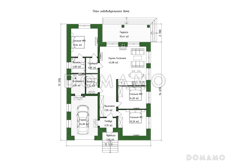 Проект дома с мастер-спальней, крытой террасой и встроенным гаражом / План 1 этажа