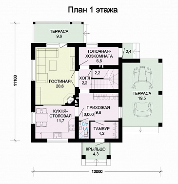 Проект дома из газобетона с навесом для автомобиля / План 1 этажа Проект дома из газобетона с навесом для автомобиля / План 1 этажа
