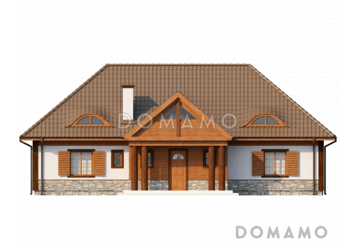 Проект просторного одноэтажного мансардного дома из кирпича с барбекю на крытой угловой террасе / Фасад 1