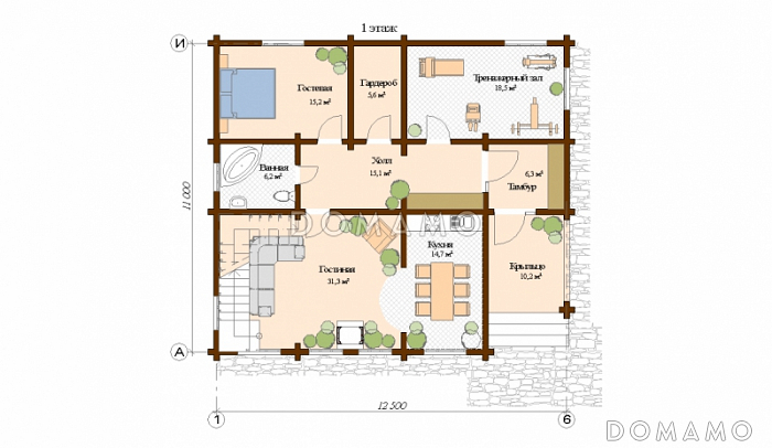 Проект дома с двумя спальнями / План 1 этажа Проект дома с двумя спальнями / План 1 этажа