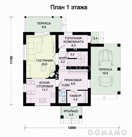 Проект дома из газобетона с навесом для автомобиля / План 1 этажа Проект дома из газобетона с навесом для автомобиля / План 1 этажа