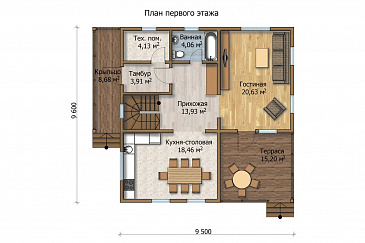 Проект дома из клееного профилированного бруса сечением 180х200 мм / План 1 этажа Проект дома из клееного профилированного бруса сечением 180х200 мм / План 1 этажа