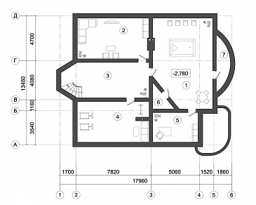 Проект дома с окнами разной формы / План цокольного этажа