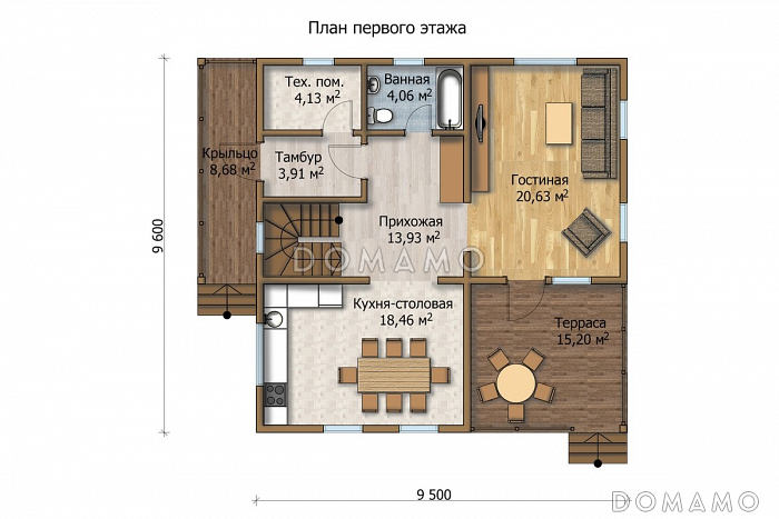 Проект дома из клееного профилированного бруса сечением 180х200 мм / План 1 этажа Проект дома из клееного профилированного бруса сечением 180х200 мм / План 1 этажа