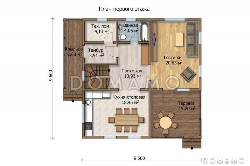 Проект дома из клееного профилированного бруса сечением 180х200 мм / План 1 этажа