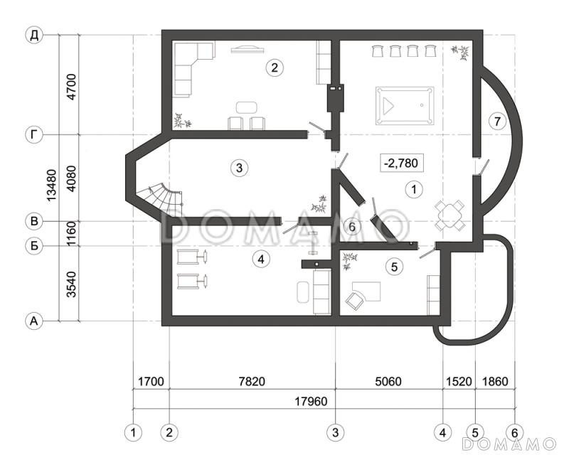 Проект дома с окнами разной формы / План цокольного этажа