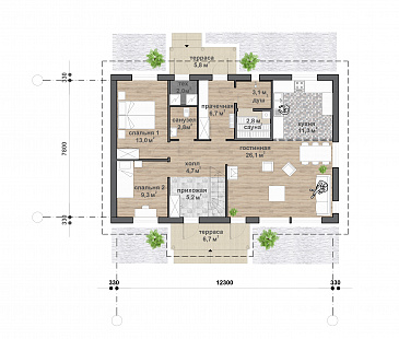 M-129 одноэтажный с мансардой дом / План 1 этажа
