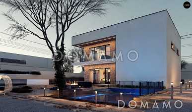 Проект современного двухэтажного дома из газобетона с плоской крышей, с четырьмя комнатами, гаражом и угловой лоджией Проект современного двухэтажного дома из газобетона с плоской крышей, с четырьмя комнатами, гаражом и угловой лоджией