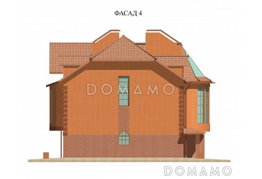 Проект двухэтажного дома с мансардой, с гаражом, с сауной, бассейном и вторым светом  / Фасад 4