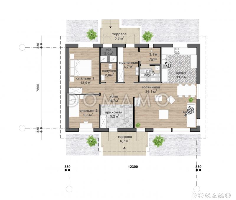 M-129 одноэтажный с мансардой дом / План 1 этажа