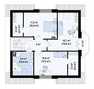 Проект одноэтажного мансардного дома из газобетона с кабинетом, эркером и балконом над ним / План мансардного этажа Проект одноэтажного мансардного дома из газобетона с кабинетом, эркером и балконом над ним / План мансардного этажа