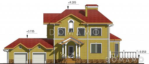 Проект двухэтажного коттеджа с цоколем, с гаражом на два автомобиля / Фасад 1