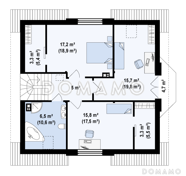 Проект одноэтажного мансардного дома из газобетона с кабинетом, эркером и балконом над ним / План мансардного этажа