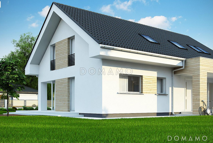 Проект мансардного дома из газобетона со встроенным гаражом, кабинетом и балконом