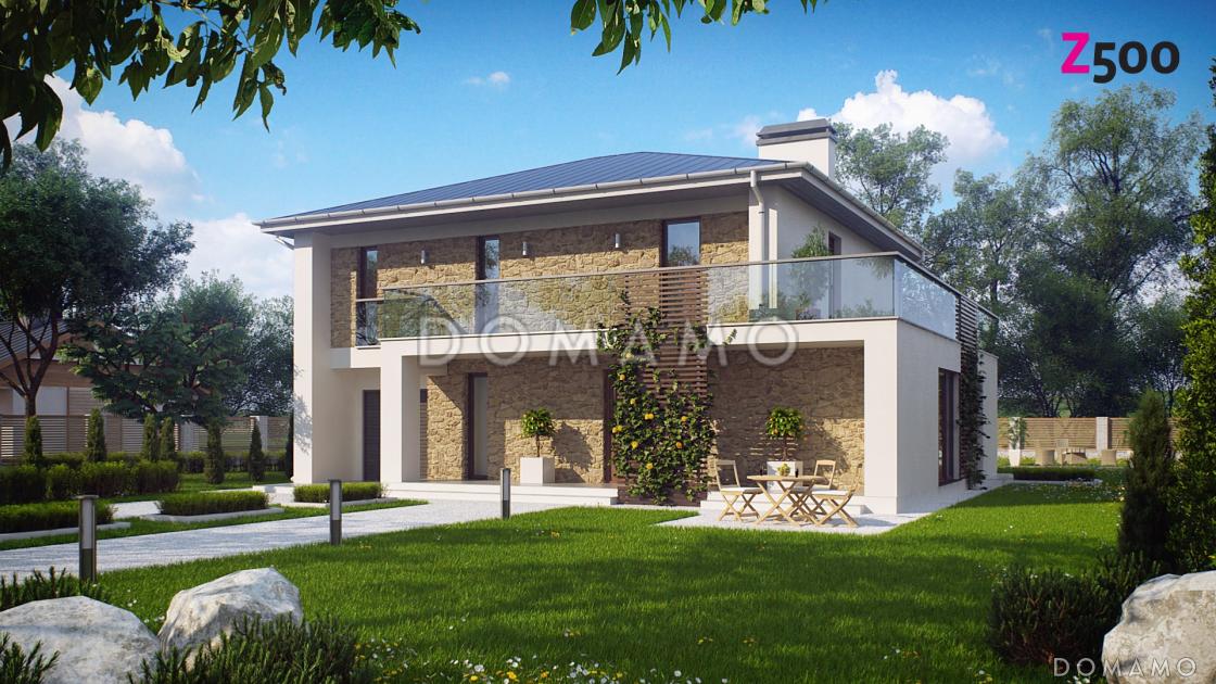 Проект современного двухэтажного дома из кирпича с дополнительной спальней на первом этаже, гаражом и открытой террасой на втором этаже / 1