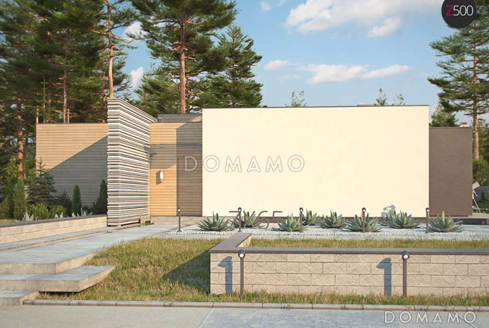 Проект одноэтажного дома из кирпича с плоской крышей, большой площадью остекления и крытой террасой Проект одноэтажного дома из кирпича с плоской крышей, большой площадью остекления и крытой террасой