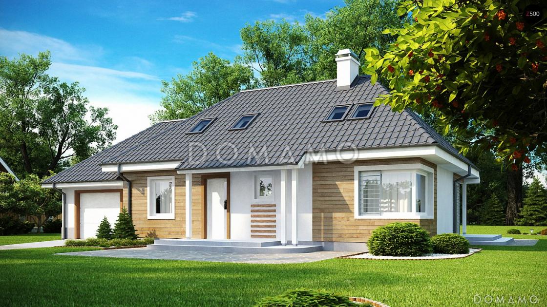 Проект одноэтажного мансардного дома из кирпича с кабинетом, угловым окном в гостиной и гаражом / 1