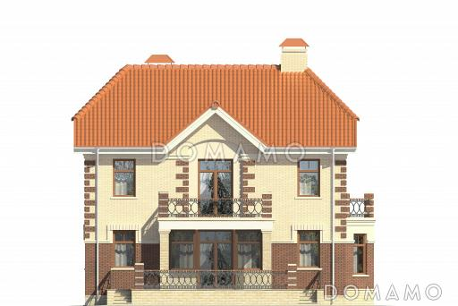 Двухэтажный дом с открытой большой террасой, тремя балконами, эркером / Фасад 4