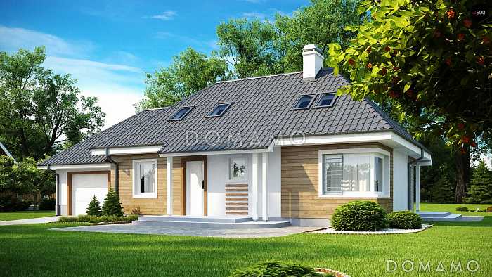 Проект одноэтажного мансардного дома из кирпича с кабинетом, угловым окном в гостиной и гаражом