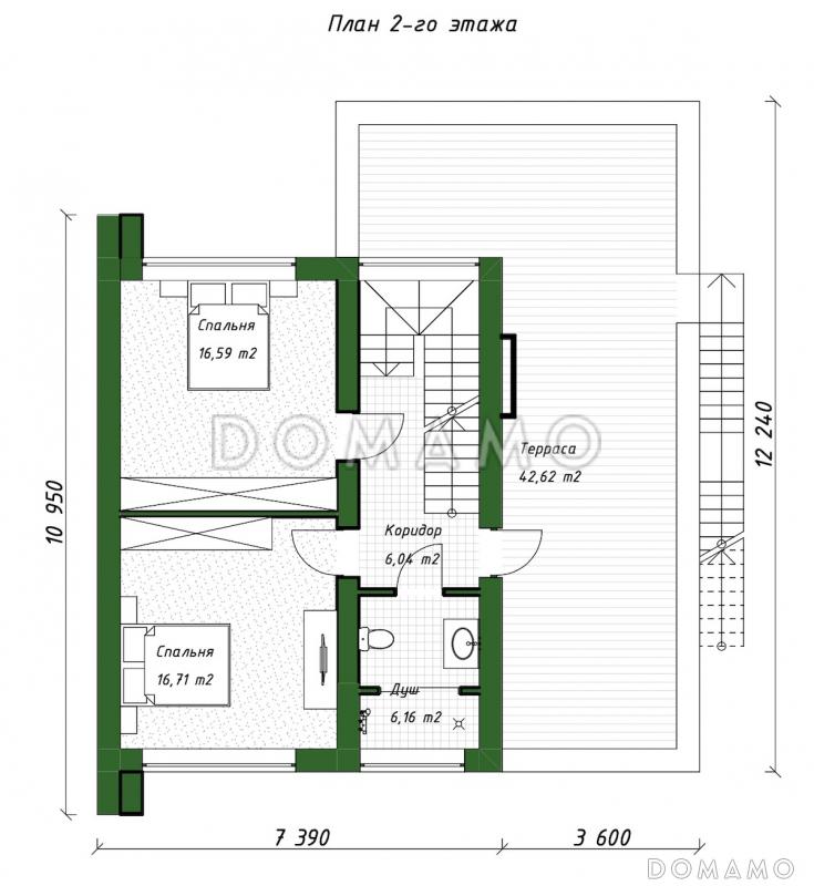Проект двухэтажного дома из газобетона в стиле хай-тек со встроенным гаражом и открытой террасой на втором этаже / План 2 этажа