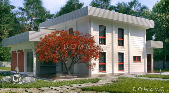 Проект двухэтажного дома из клееного бруса с панорамным остеклением в спальне Проект двухэтажного дома из клееного бруса с панорамным остеклением в спальне