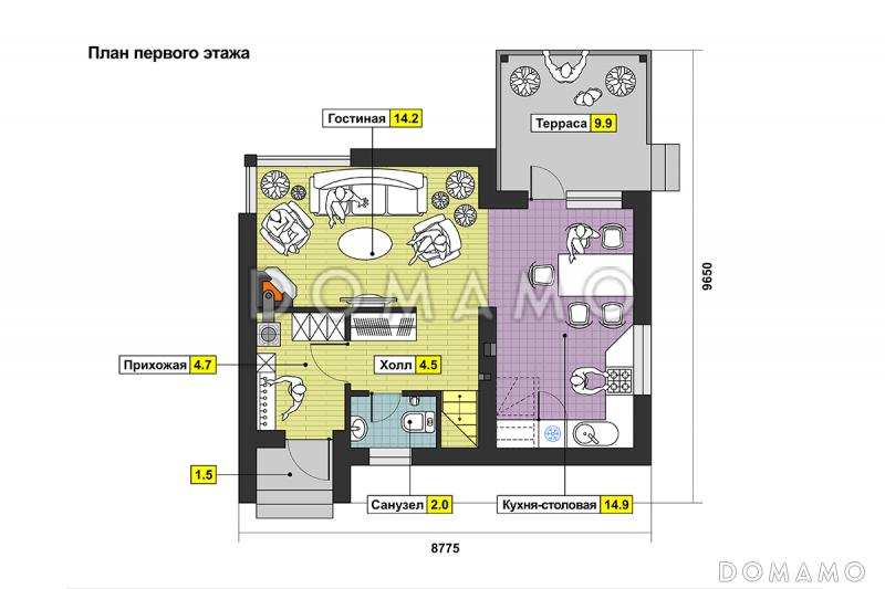 Проект дома с террасой, гостиной с камином, ванной с окном, кухней-столовой / План 1 этажа