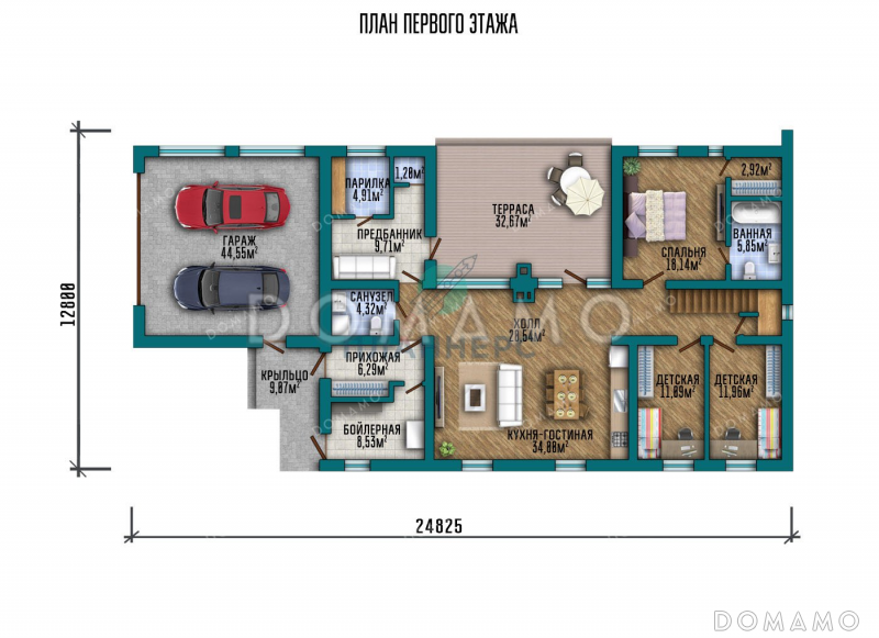 Проект двухэтажного дома с террасой и гаражом на два автомобиля / План 1 этажа