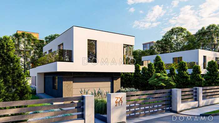 Проект двухэтажного дома с гаражом на 2 машины, угловой кухней, кабинетом, хозяйской спальней