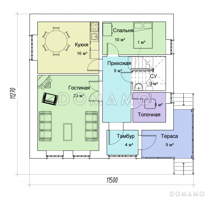 Проект двухэтажного кирпичного дома с французским балконом / План 1 этажа