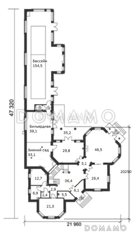 Проект дома из кирпича с зимним садом и бильярдной / План 1 этажа