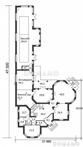 Проект дома из кирпича с зимним садом и бильярдной / План 1 этажа